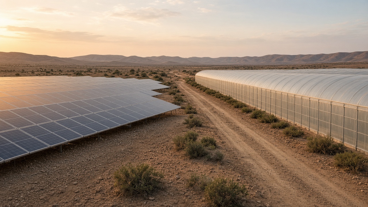 Solar panels beside a greenhouse