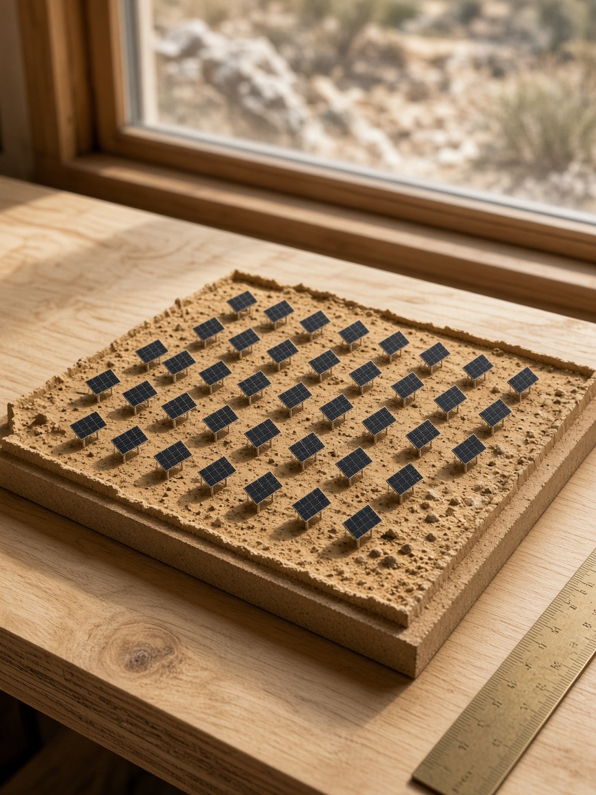 Wooden model of a solar field on a desk